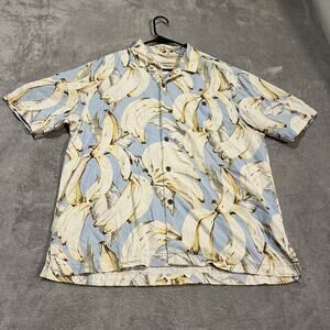 Tommy Bahama Shirt Mens Large Blue Yellow Banana Print 100% Silk Hawaiian Camp